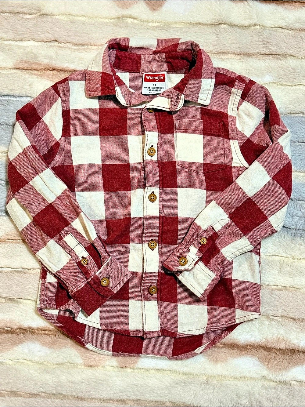 Wrangler Boys Red Buffalo Plaid Flannel Shirt & White Plaid Flannel Shirt 4T